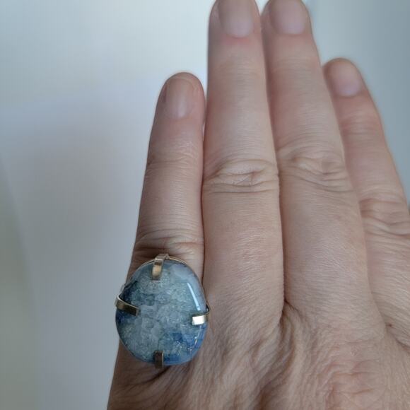 Handmade Sterling Silver Blue Druzy Quartz Ring, Size 7.5 Gemstone Jewelry - Picture 8 of 10